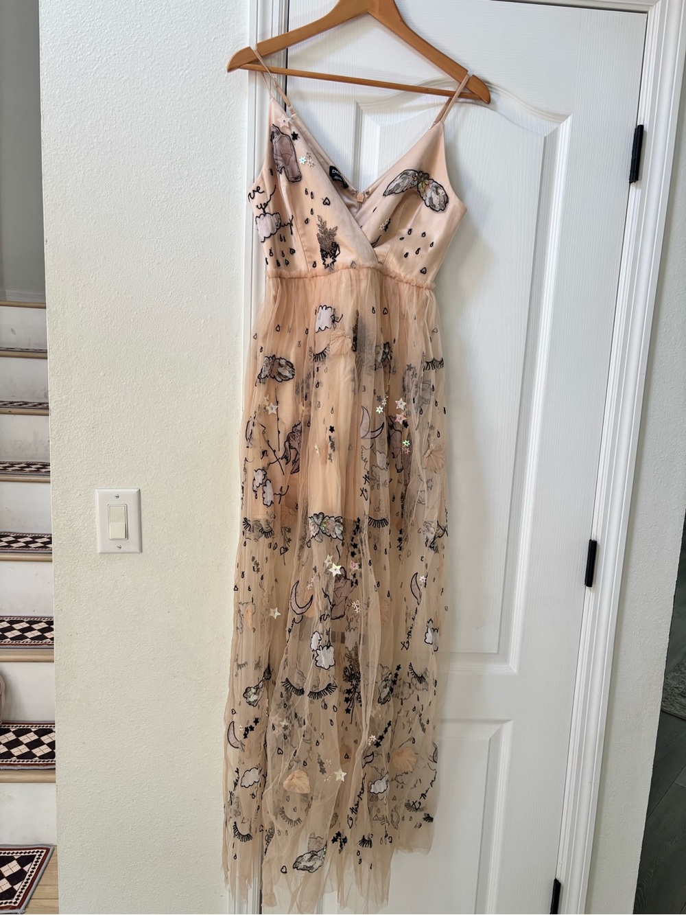Sheer Embroidered Nude Tulle Maxi Dress